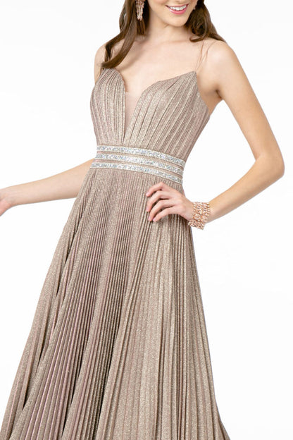 Illusion Deep V-Neck A-Line Pleated Long Dress with Metallic Glitter Finish