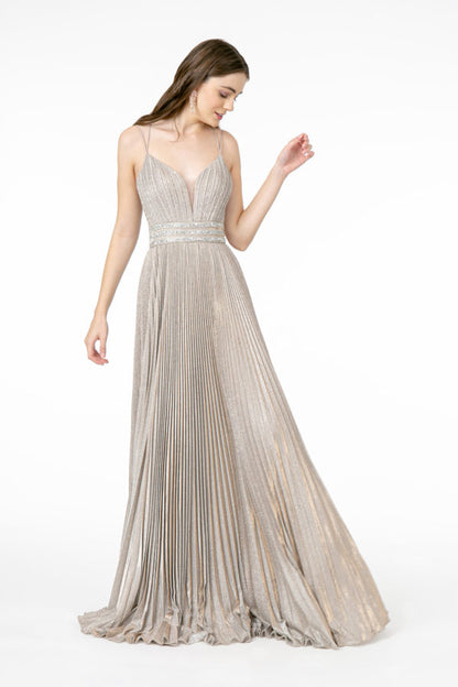 Illusion Deep V-Neck A-Line Pleated Long Dress with Metallic Glitter Finish