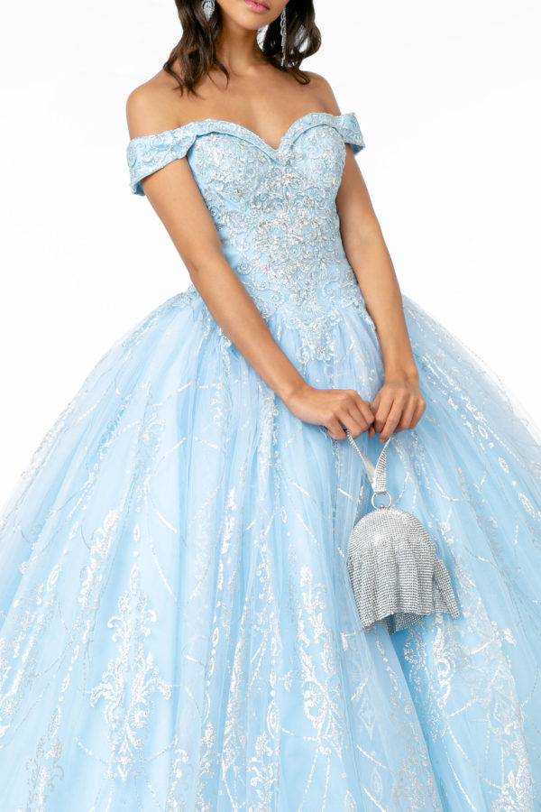 Cut-Away Shoulder Glitter Mesh Quinceanera Dress