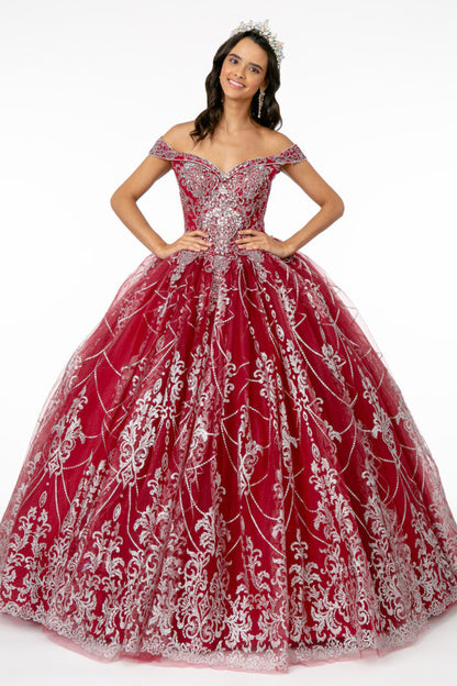 Cut-Away Shoulder Glitter Mesh Quinceanera Dress