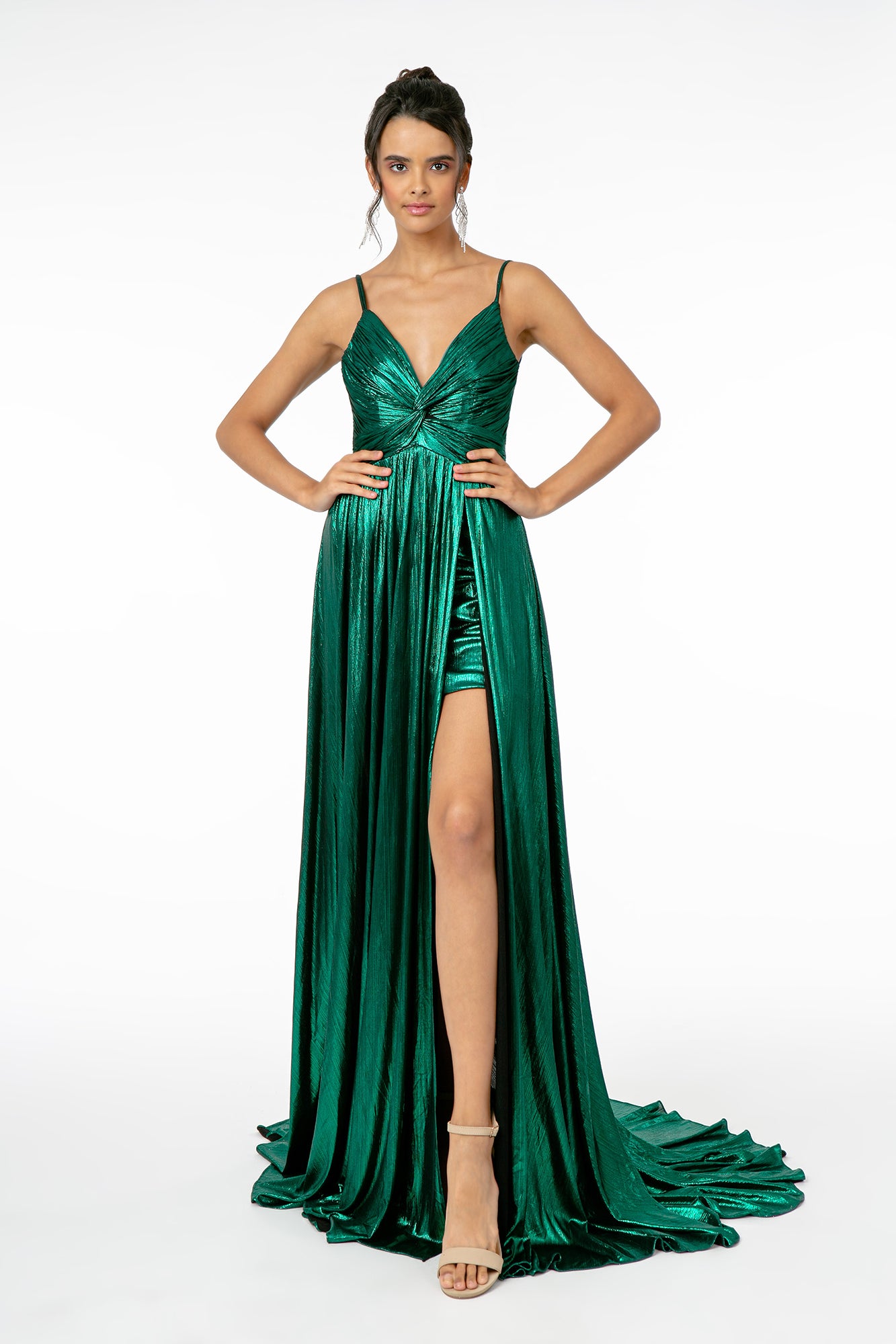 Pleated Bodice Metallic Lame Long Dress w/ Leg Slit