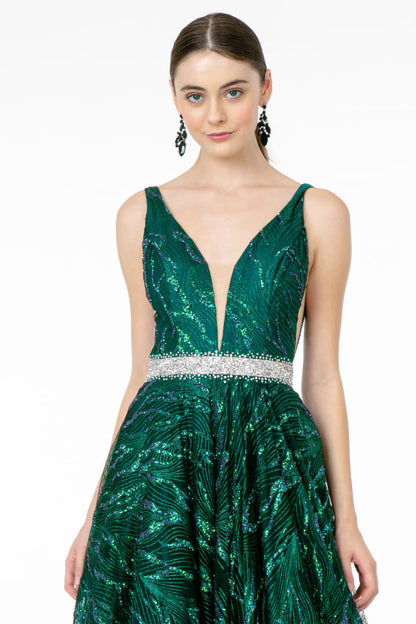 Jewel Accented Waist Glitter Long A-line Silhouette Dress from GLS by Gloria