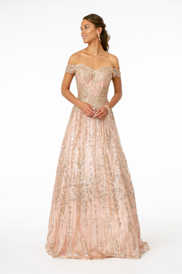 Embroidered Bodice Sequin and Glitter Embellished A-Line Dress