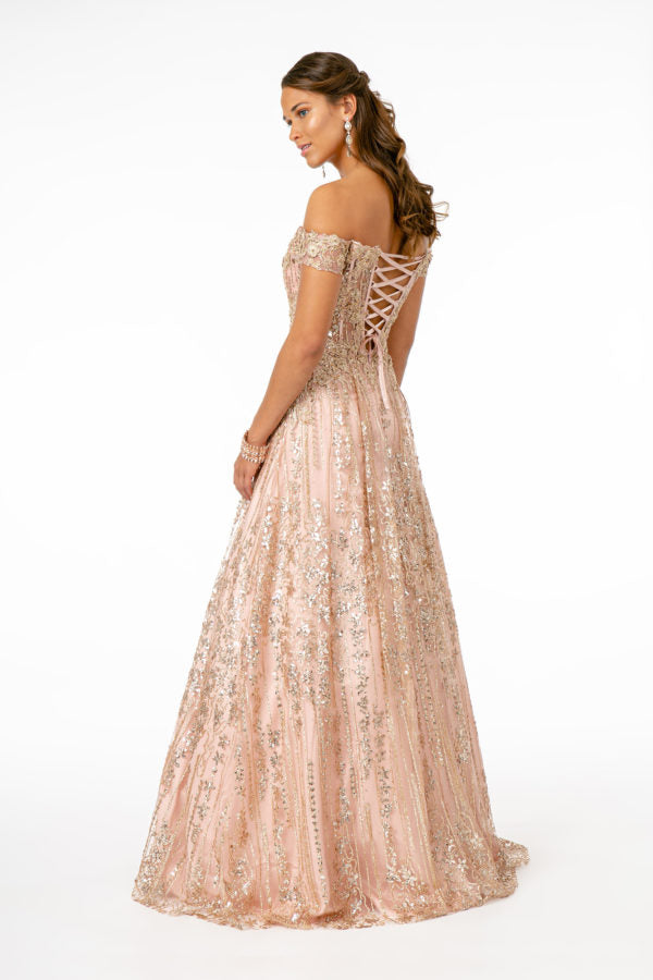 Embroidered Bodice Sequin and Glitter Embellished A-Line Dress