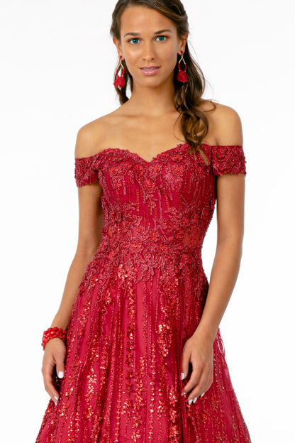 Embroidered Bodice Sequin and Glitter Embellished A-Line Dress