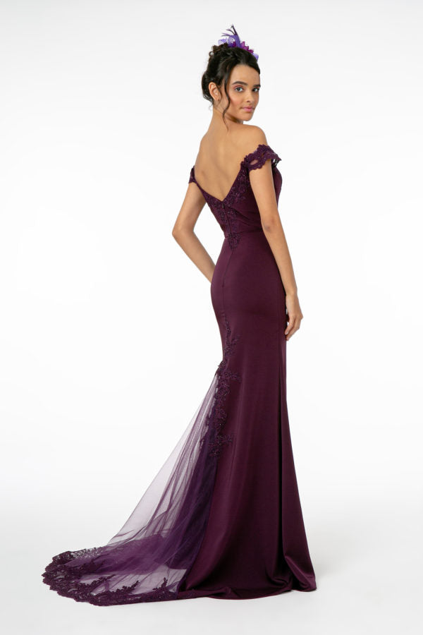 Embroidered Cut-Away Shoulder Jersey Long Dress w/ V-Back