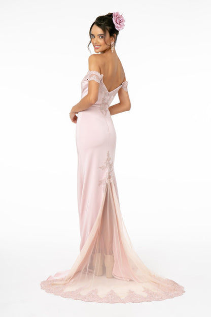 Embroidered Cut-Away Shoulder Jersey Long Dress w/ V-Back