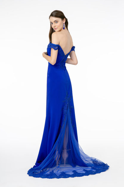 Embroidered Cut-Away Shoulder Jersey Long Dress w/ V-Back