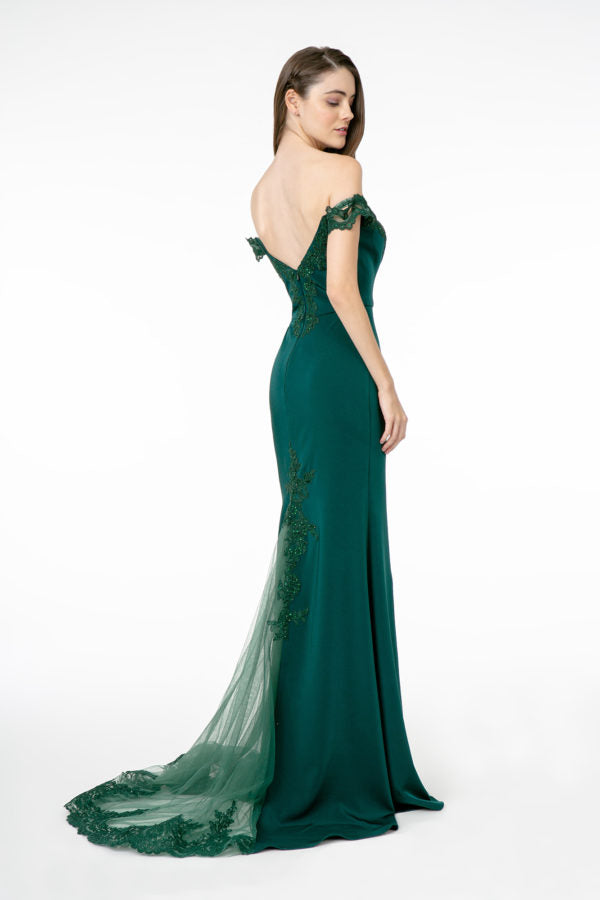 Embroidered Cut-Away Shoulder Jersey Long Dress w/ V-Back