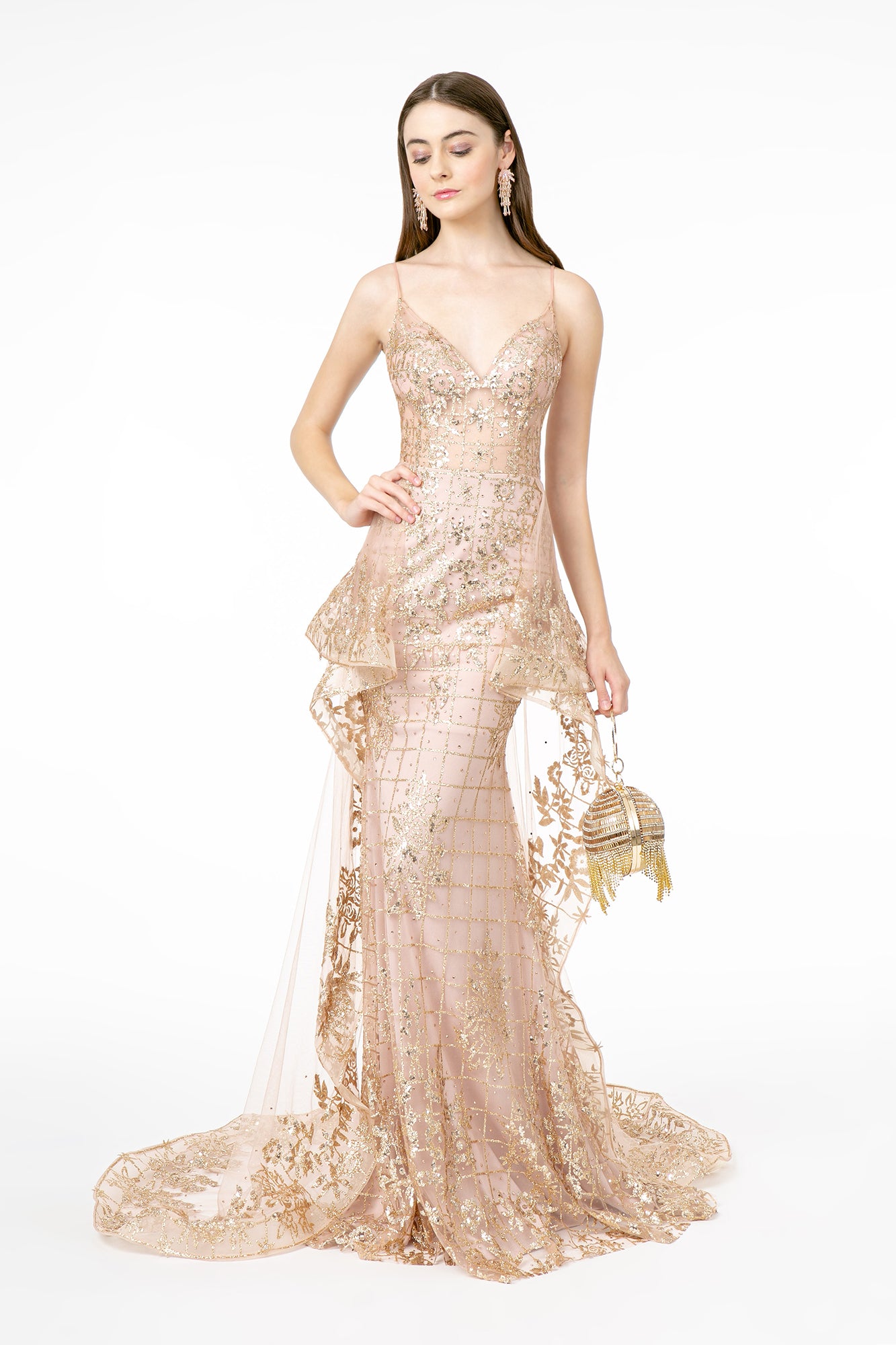 Sheer Bodice Glitter Mesh Mermaid Long Dress w/ Tail