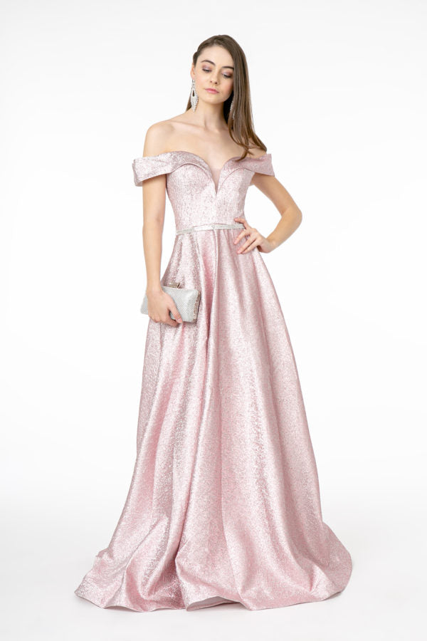 Illusion V-Neck Cut-Away Shoulder Long Dress w/ Beaded Waist Band