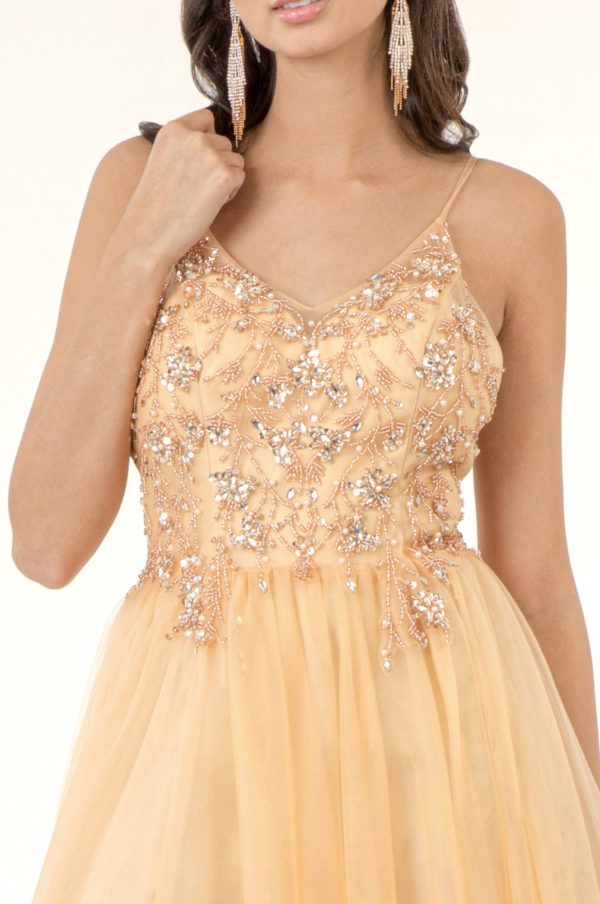 Beads Embellished Bodice V-Neck Mesh A-Line Prom Dress w/ Sheer Back - Mask Not Included