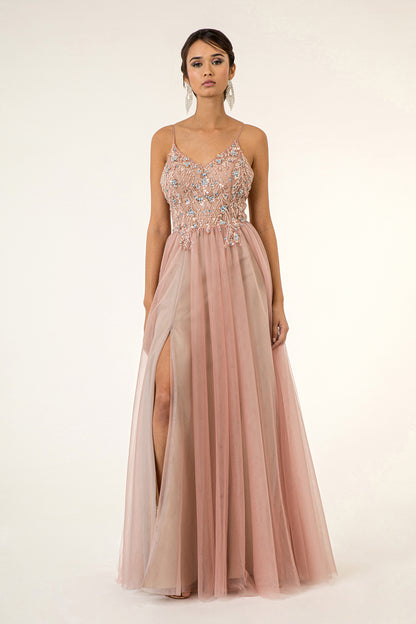 Beads Embellished Bodice V-Neck Mesh A-Line Prom Dress w/ Sheer Back - Mask Not Included