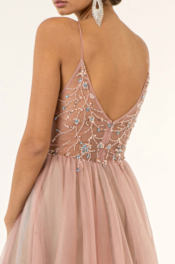 Beads Embellished Bodice V-Neck Mesh A-Line Prom Dress w/ Sheer Back - Mask Not Included