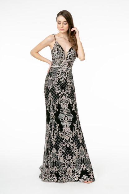 Jeweled Waist Band Accented Glitter Mesh Long Dress