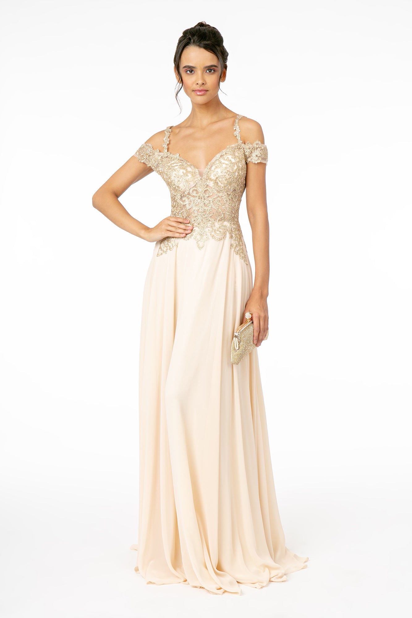 Cut-Away Shoulder Embroidered Bodice Chiffon A-Line Dress