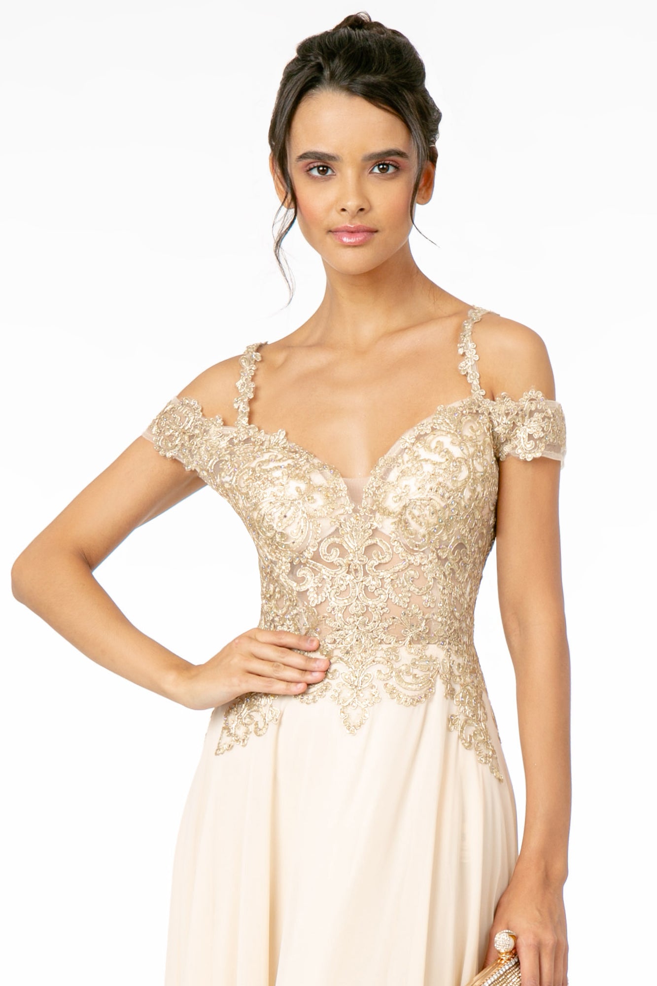 Cut-Away Shoulder Embroidered Bodice Chiffon A-Line Dress S / Champagne Cut-Away Shoulder Embroidered Bodice Chiffon A-Line Dress S / Champagne