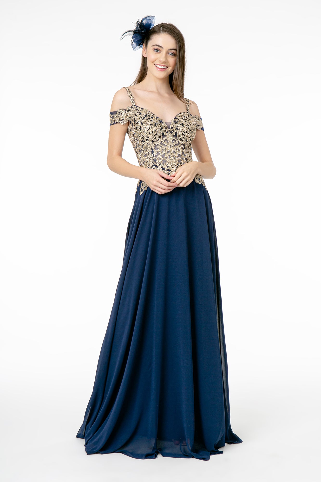 Cut-Away Shoulder Embroidered Bodice Chiffon A-Line Dress