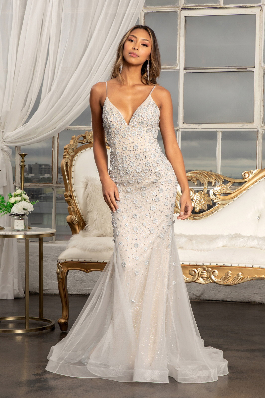 3D Floral Applique V-Neck Spaghetti Strap Mesh Prom Dress XL / Grey/Nude 3D Floral Applique V-Neck Spaghetti Strap Mesh Prom Dress XL / Grey/Nude