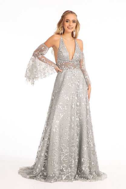 Sheer Waistline V-Neck Glitter Mesh Prom Dress w/ Detachable Mesh Sleeve