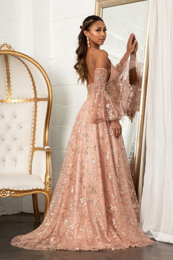 Sheer Waistline V-Neck Glitter Mesh Prom Dress w/ Detachable Mesh Sleeve Xs / Rose Gold Sheer Waistline V-Neck Glitter Mesh Prom Dress w/ Detachable Mesh Sleeve Xs / Rose Gold