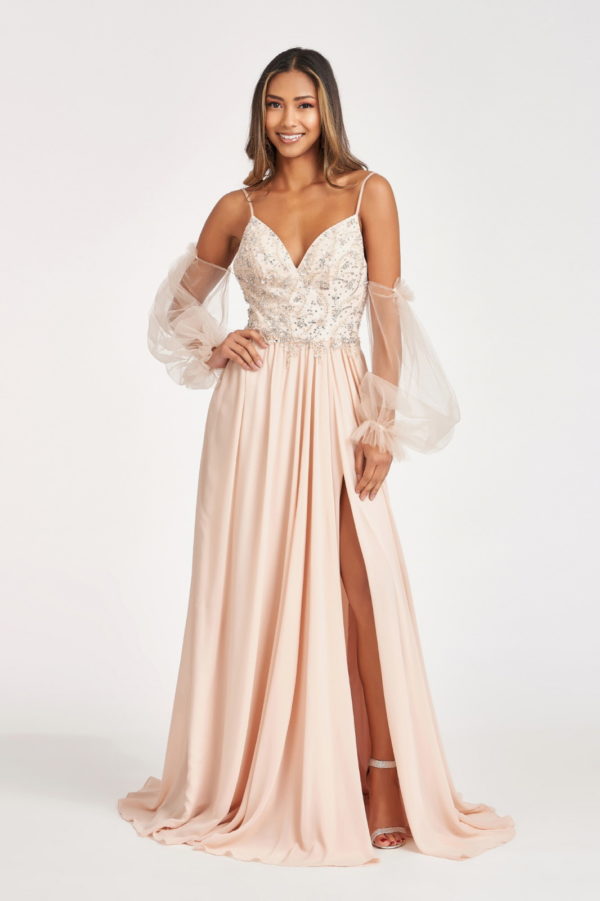 Detachable Mesh Sleeve V-Neck Chiffon Prom Dress