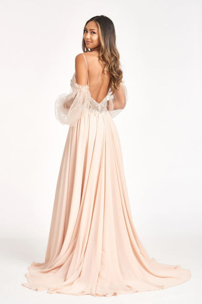 Detachable Mesh Sleeve V-Neck Chiffon Prom Dress