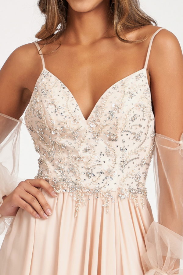 Detachable Mesh Sleeve V-Neck Chiffon Prom Dress