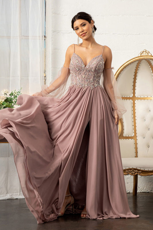 Detachable Mesh Sleeve V-Neck Chiffon Prom Dress