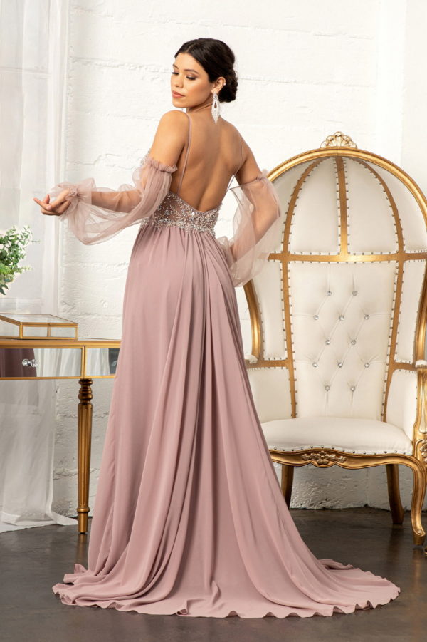 Detachable Mesh Sleeve V-Neck Chiffon Prom Dress