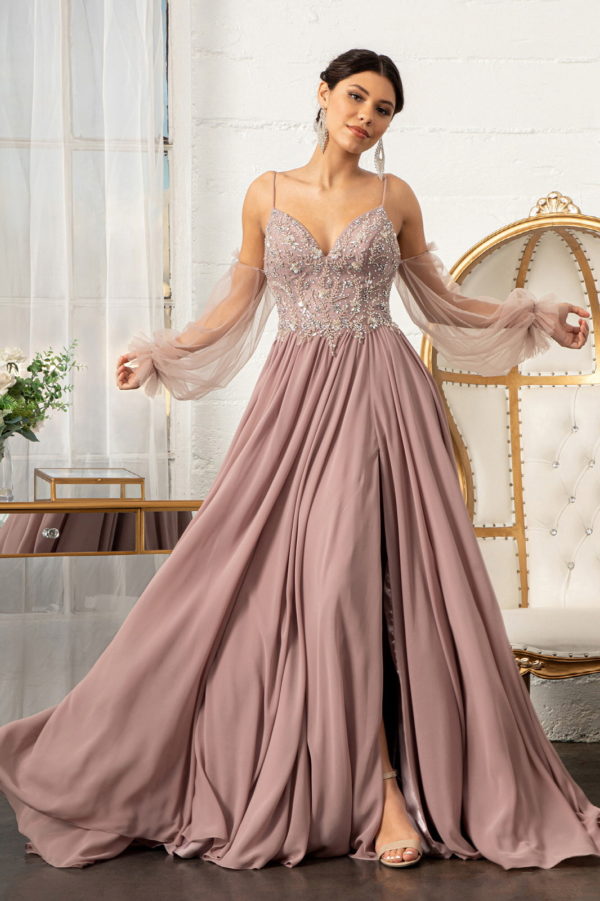 Detachable Mesh Sleeve V-Neck Chiffon Prom Dress