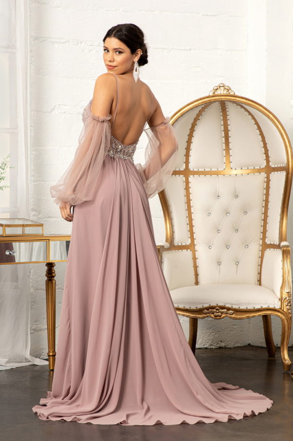 Detachable Mesh Sleeve V-Neck Chiffon Prom Dress