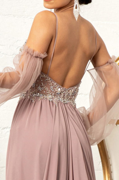 Detachable Mesh Sleeve V-Neck Chiffon Prom Dress