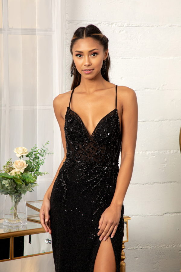 Sheer Bodice Sleeveless V-Neck Sequin Prom Dress w/ Leg Slit