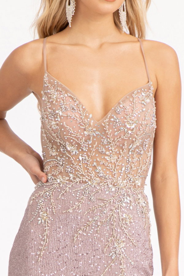 Sheer Bodice Sleeveless V-Neck Sequin Prom Dress w/ Leg Slit