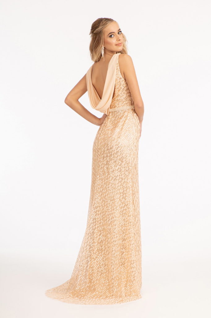 Embroidered Sequin Embellished Mesh Mermaid Dress w/ Chiffon Drape Cape