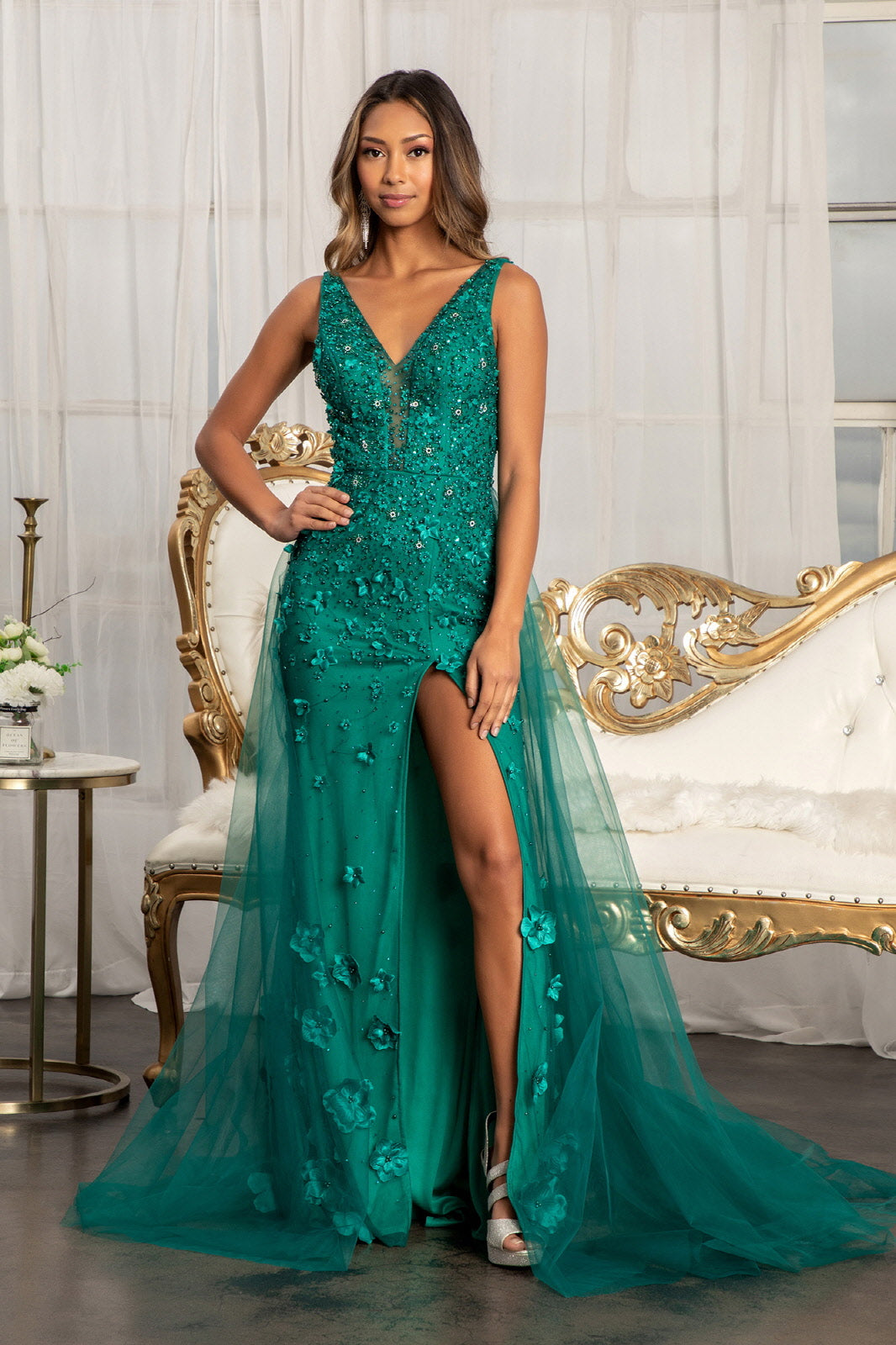 Rhinestone Embellished Mesh Mermaid Dress w/ 3-D Flower and Detached Layer