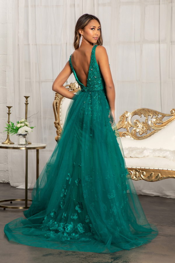 Rhinestone Embellished Mesh Mermaid Dress w/ 3-D Flower and Detached Layer