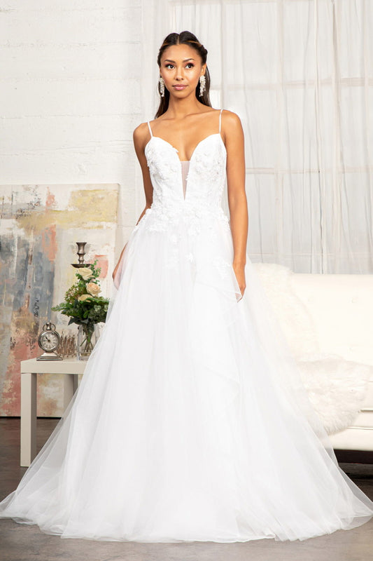 Embroidery & 3D Floral Applique Embellished V-Neck Mesh Wedding Dress