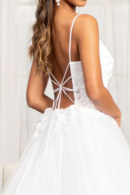 Embroidery & 3D Floral Applique Embellished V-Neck Mesh Wedding Dress