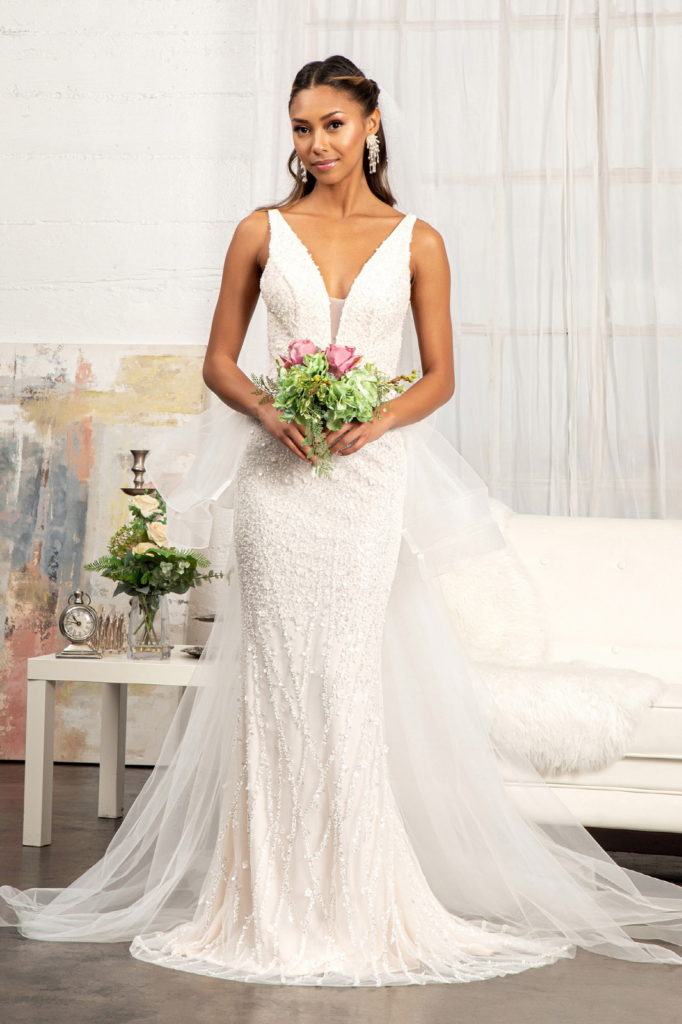 3-D Flower Applique Mermaid Mesh Wedding Gown w/ Detached Mesh Layer