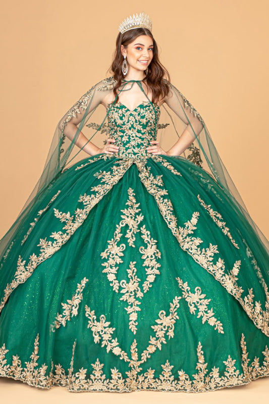 Jewel Embellished Tull Quinceanera Ball Gown w/ Embroidered Mesh Cape