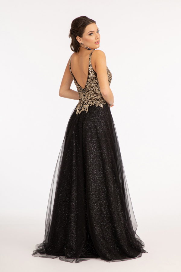 Sequin Embellished Bodice V-Neck A-Line Prom Dress w/ Leg Slit