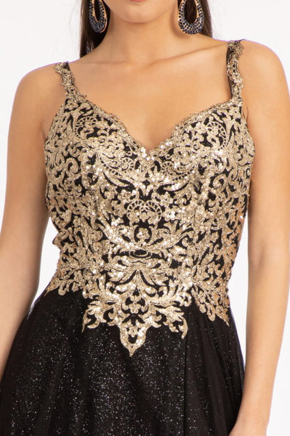 Sequin Embellished Bodice V-Neck A-Line Prom Dress w/ Leg Slit