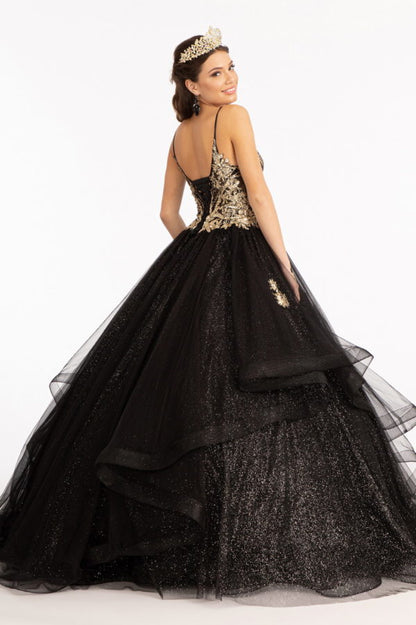 Glitter Embellished Mesh Quinceanera Gown w/ Sequin and Sheer Bodice (Petticoat Included)