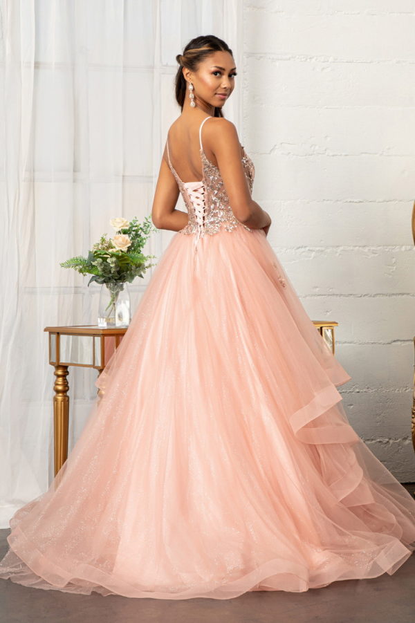 Glitter Embellished Mesh Quinceanera Gown w/ Sequin and Sheer Bodice (Petticoat Included)