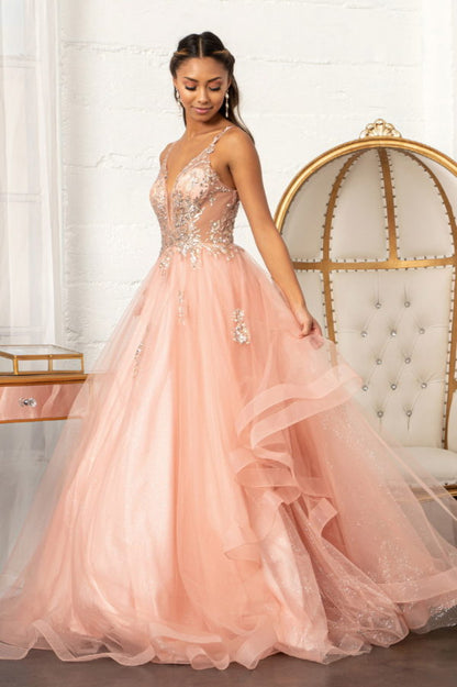 Glitter Embellished Mesh Quinceanera Gown w/ Sequin and Sheer Bodice (Petticoat Included)