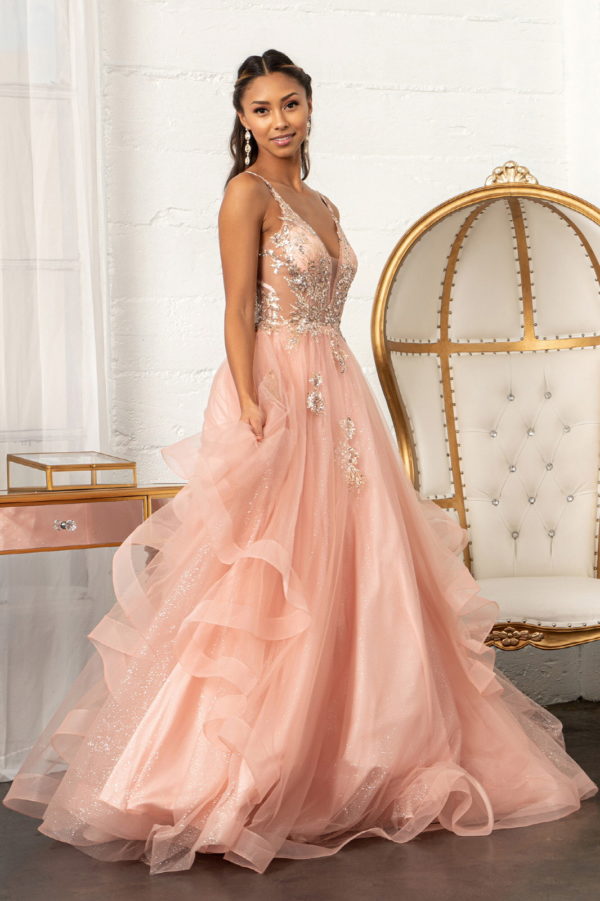 Glitter Embellished Mesh Quinceanera Gown w/ Sequin and Sheer Bodice (Petticoat Included)