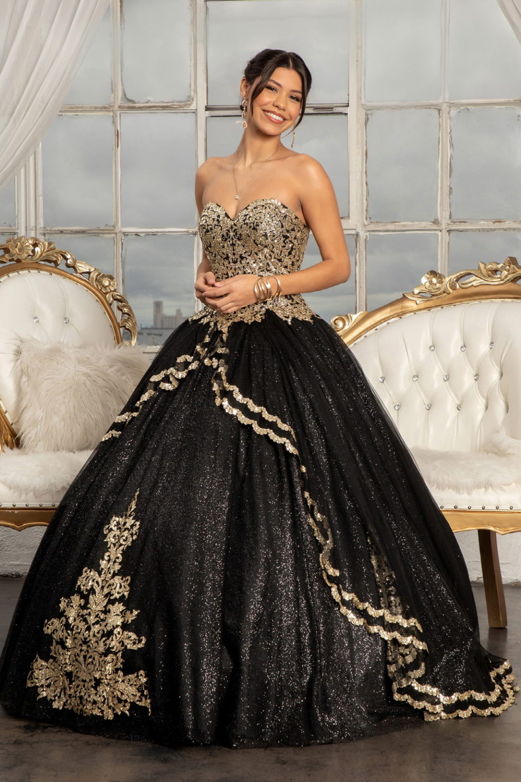 Glitter Embellished Mesh Quinceanera Ball Gown w/ Sweetheart Neckline (Petticoat Included)