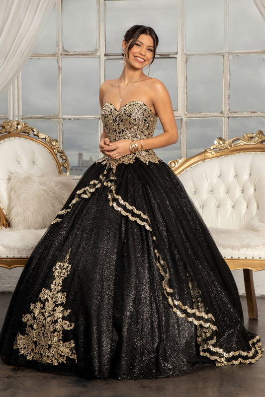 Glitter Embellished Mesh Quinceanera Ball Gown w/ Sweetheart Neckline (Petticoat Included)